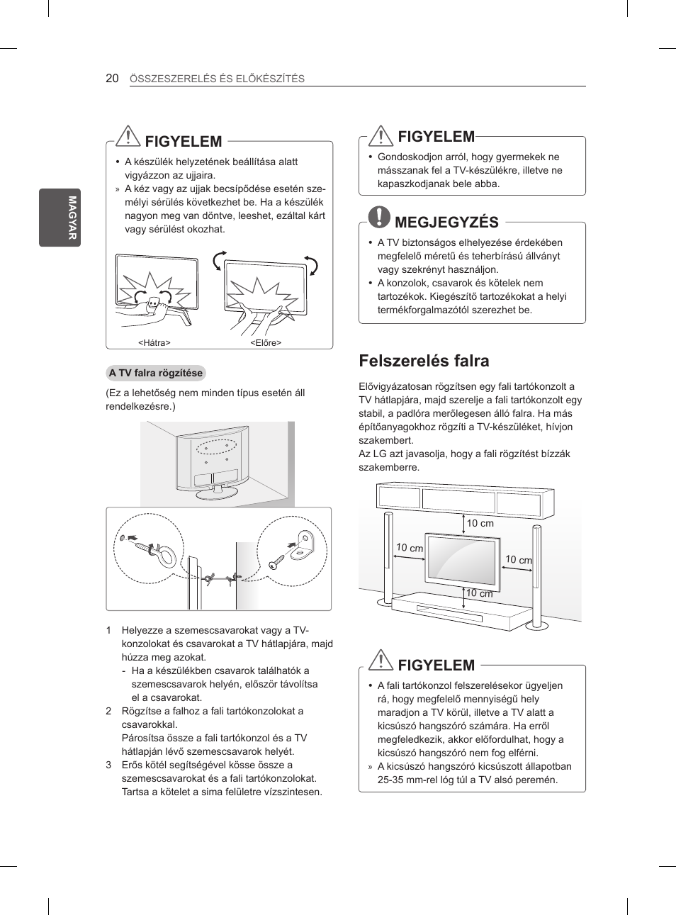 Felszerelés falra, Figyelem, Megjegyzés | LG 65LA970V User Manual | Page 119 / 559