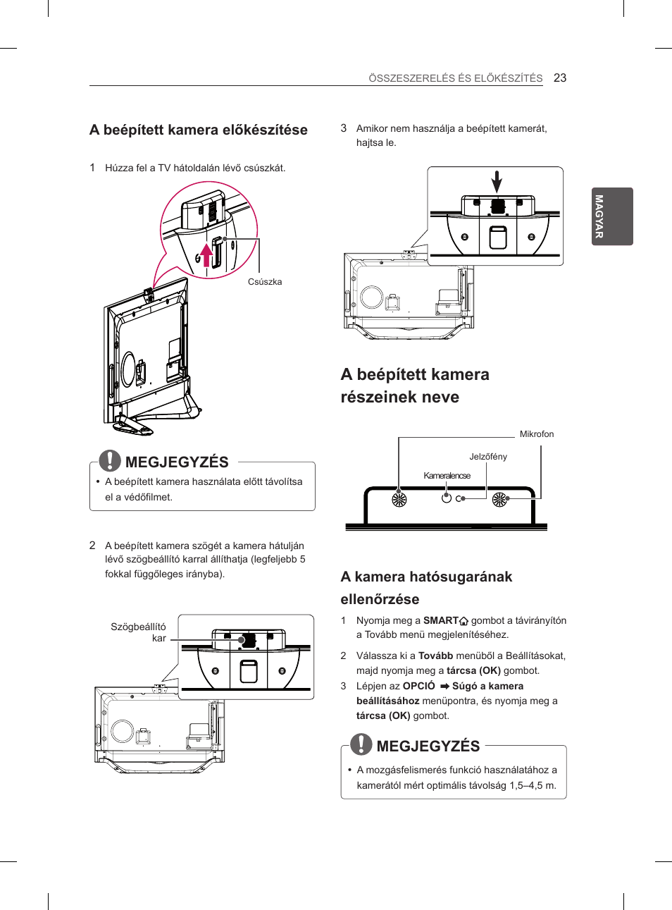 A beépített kamera részeinek neve, Megjegyzés, A beépített kamera előkészítése | A kamera hatósugarának ellenőrzése | LG 65LA970V User Manual | Page 122 / 559