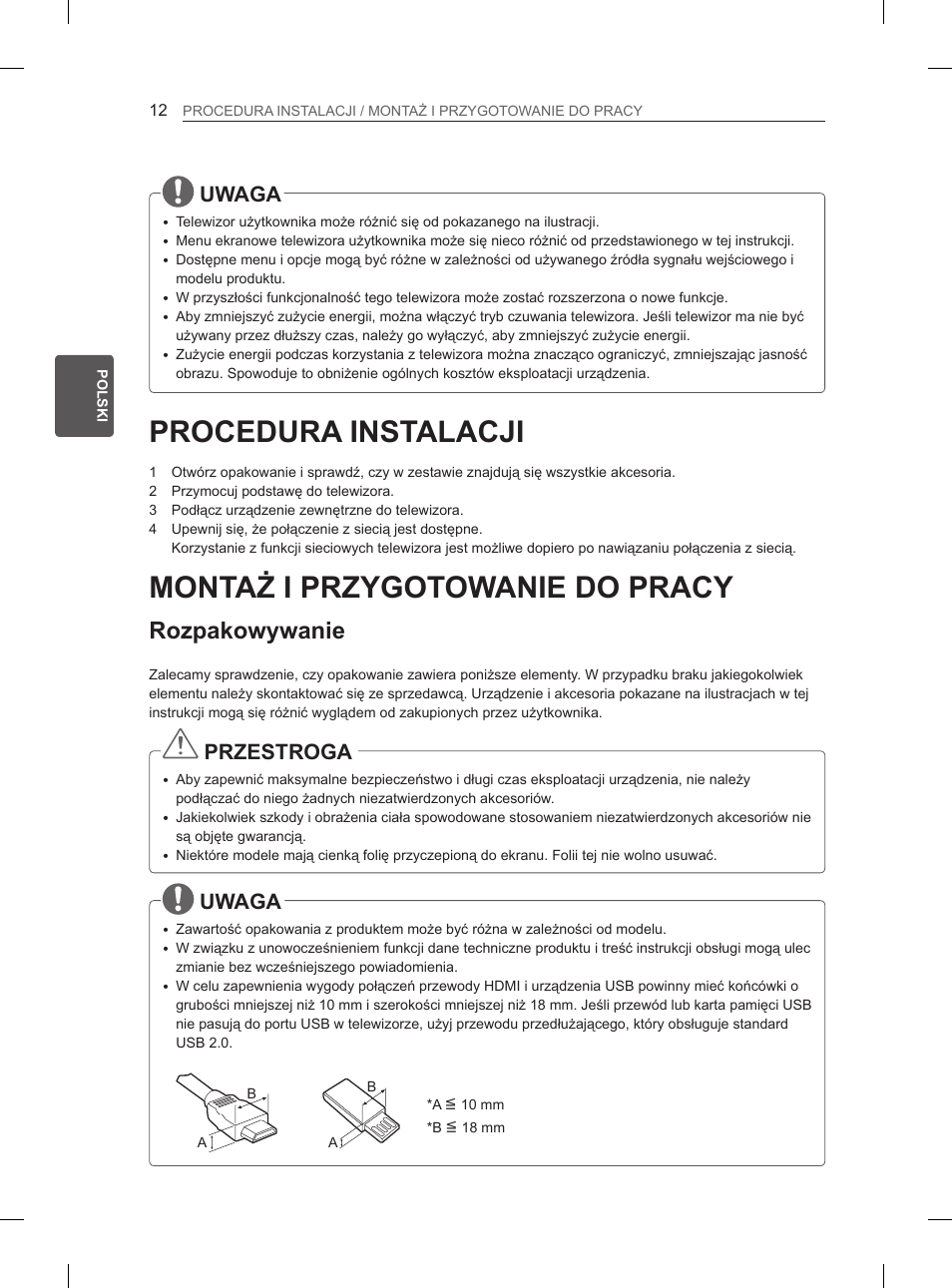 Procedura instalacji, Montaż i przygotowanie do pracy, Rozpakowywanie | 12 procedura instalacji, 12 montaż i przygotowanie do, Pracy, Uwaga, Przestroga | LG 65LA970V User Manual | Page 141 / 559