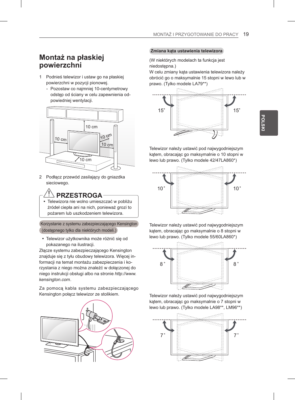 Montaż na płaskiej powierzchni, Przestroga | LG 65LA970V User Manual | Page 148 / 559