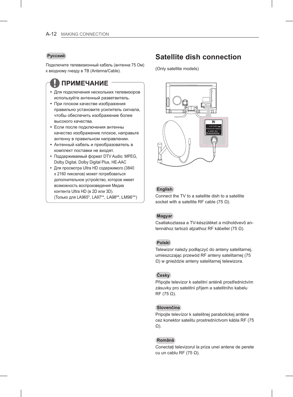 Satellite dish connection, Примечание | LG 65LA970V User Manual | Page 15 / 559