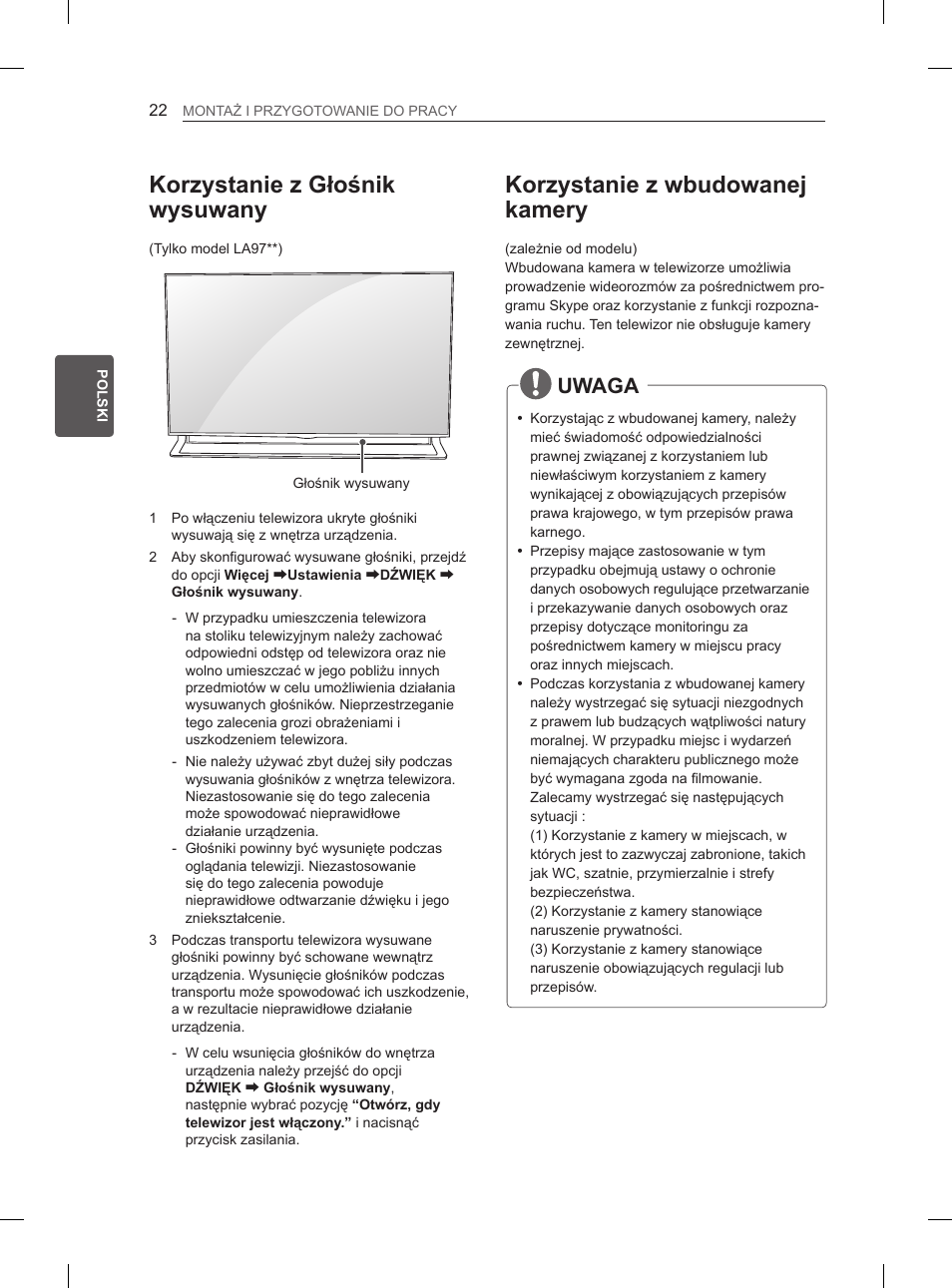 Korzystanie z wbudowanej kamery, Korzystanie z głośnik wysuwany, Uwaga | LG 65LA970V User Manual | Page 151 / 559