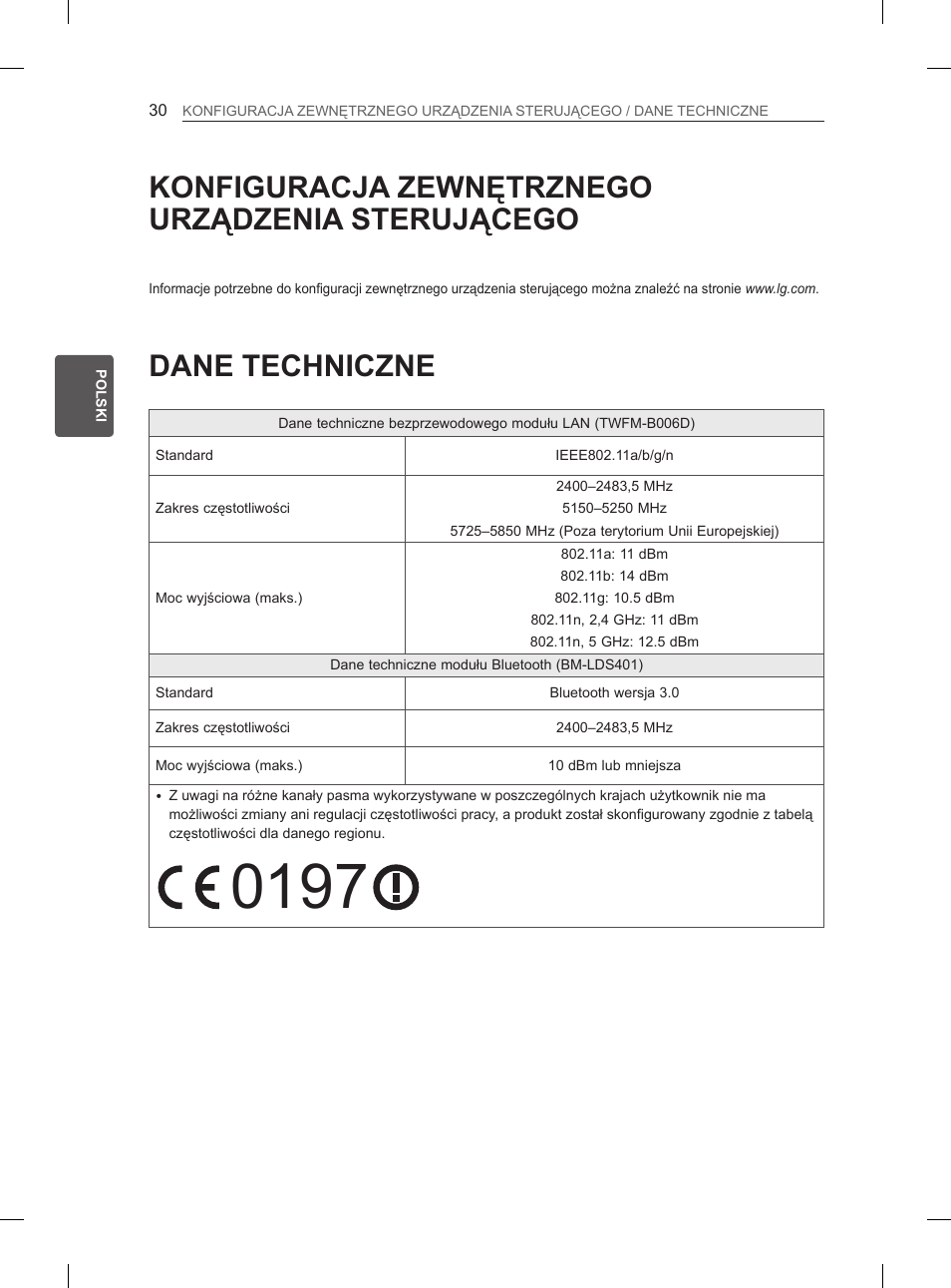 Konfiguracja zewnętrznego, Urządzenia sterującego, Dane techniczne | Konfiguracja zewnętrznego urządzenia sterującego | LG 65LA970V User Manual | Page 159 / 559