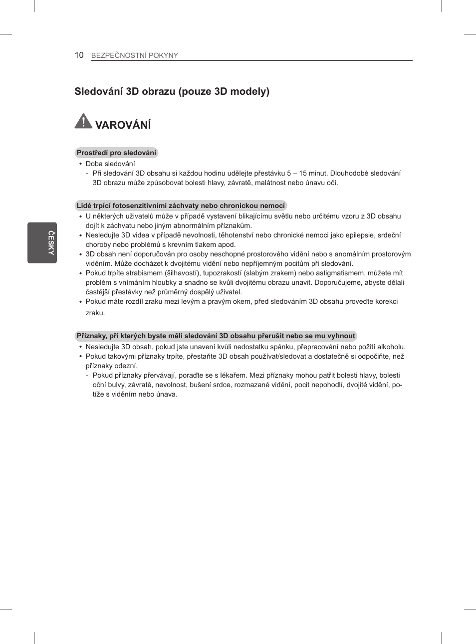 Varování, Sledování 3d obrazu (pouze 3d modely) | LG 65LA970V User Manual | Page 169 / 559