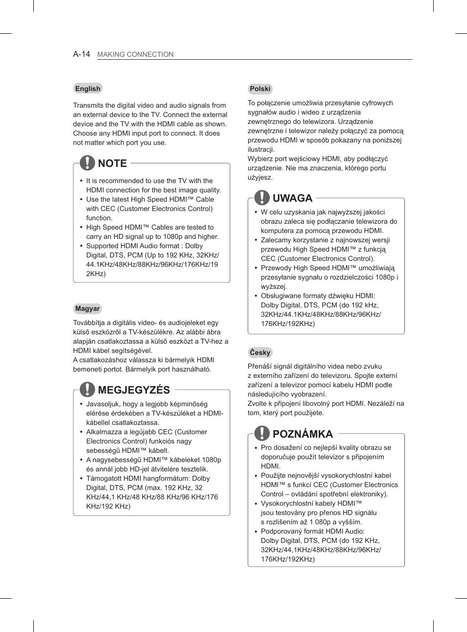 Uwaga, Megjegyzés, Poznámka | LG 65LA970V User Manual | Page 17 / 559