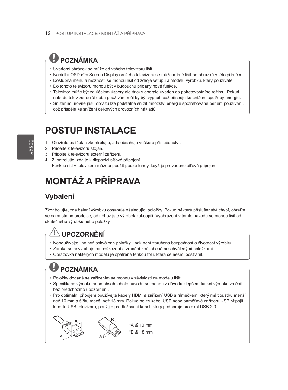 Postup instalace, Montáž a příprava, Vybalení | Poznámka, Upozornění | LG 65LA970V User Manual | Page 171 / 559
