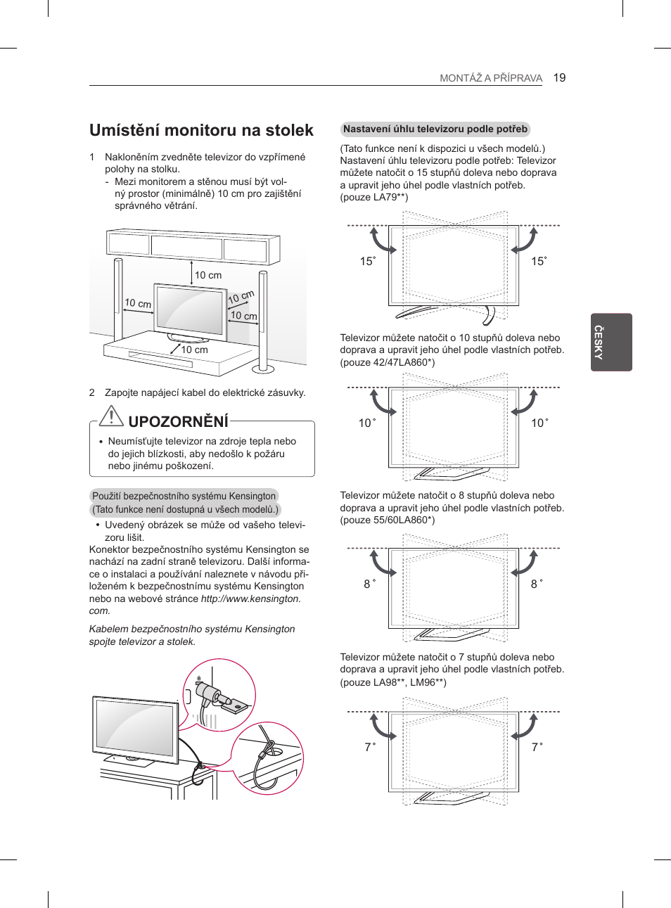 Umístění monitoru na stolek, Upozornění | LG 65LA970V User Manual | Page 178 / 559