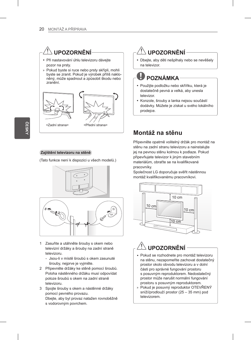 Montáž na stěnu, Upozornění, Poznámka | LG 65LA970V User Manual | Page 179 / 559