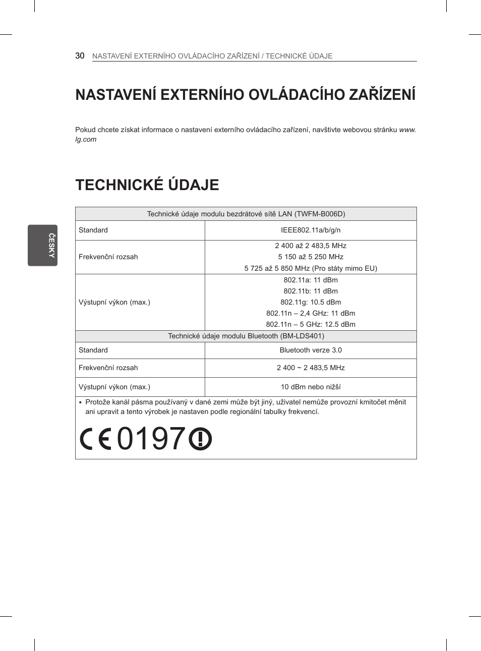 Technické údaje, Nastavení externího ovládacího zařízení | LG 65LA970V User Manual | Page 189 / 559