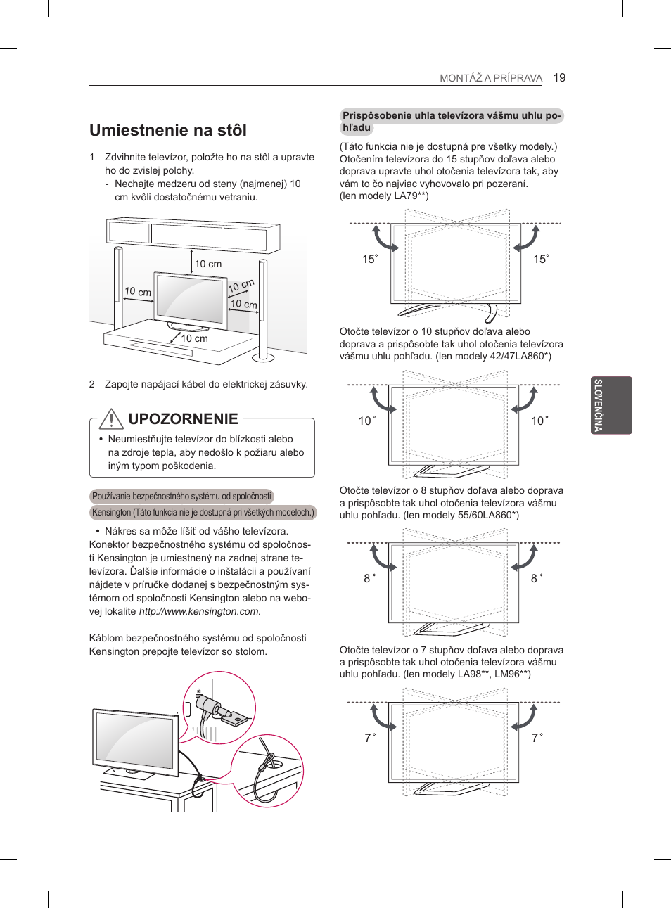 Umiestnenie na stôl, Upozornenie | LG 65LA970V User Manual | Page 208 / 559
