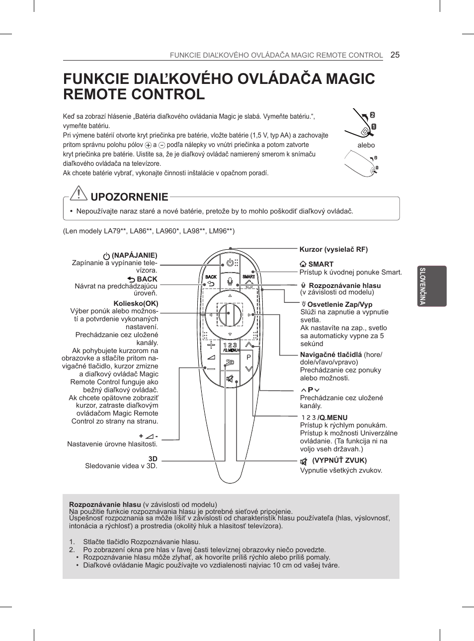 Funkcie diaľkového ovládača magic remote control, Upozornenie | LG 65LA970V User Manual | Page 214 / 559