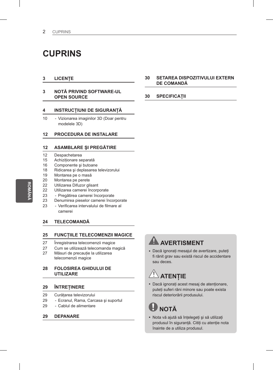 Cuprins, Avertisment, Atenţie | Notă | LG 65LA970V User Manual | Page 221 / 559