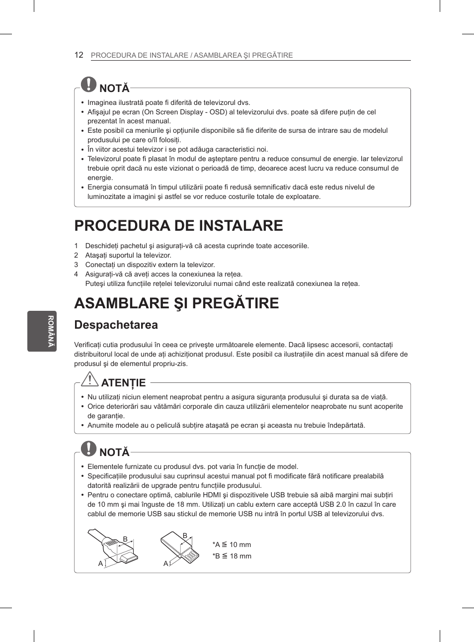 Procedura de instalare, Asamblare şi pregătire, Despachetarea | Notă, Atenţie | LG 65LA970V User Manual | Page 231 / 559