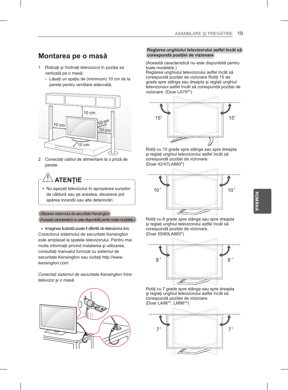 Montarea pe o masă, Atenţie | LG 65LA970V User Manual | Page 238 / 559