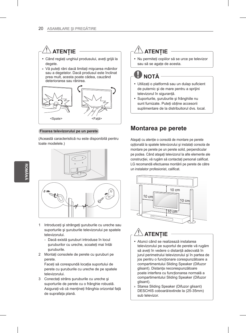 Montarea pe perete, Atenţie, Notă | LG 65LA970V User Manual | Page 239 / 559
