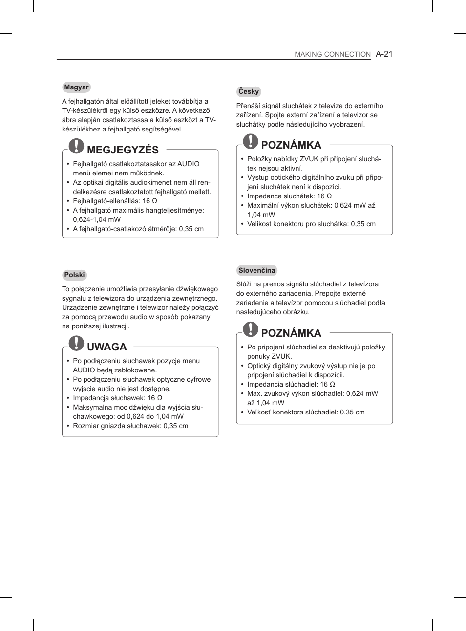 Megjegyzés, Uwaga, Poznámka | LG 65LA970V User Manual | Page 24 / 559