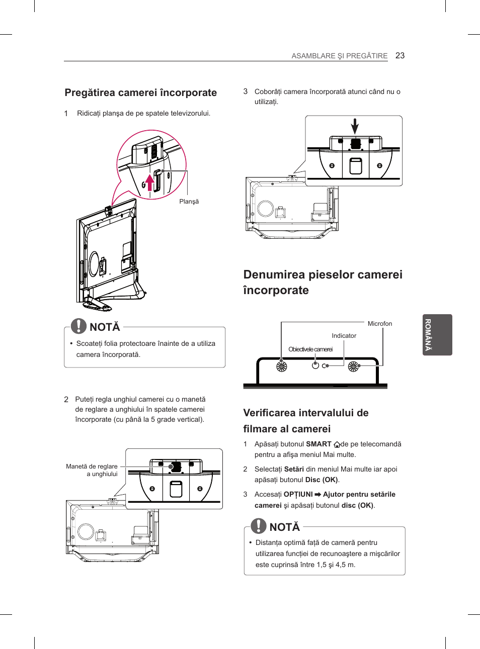 Denumirea pieselor camerei încorporate, Notă, Pregătirea camerei încorporate | Verificarea intervalului de filmare al camerei | LG 65LA970V User Manual | Page 242 / 559