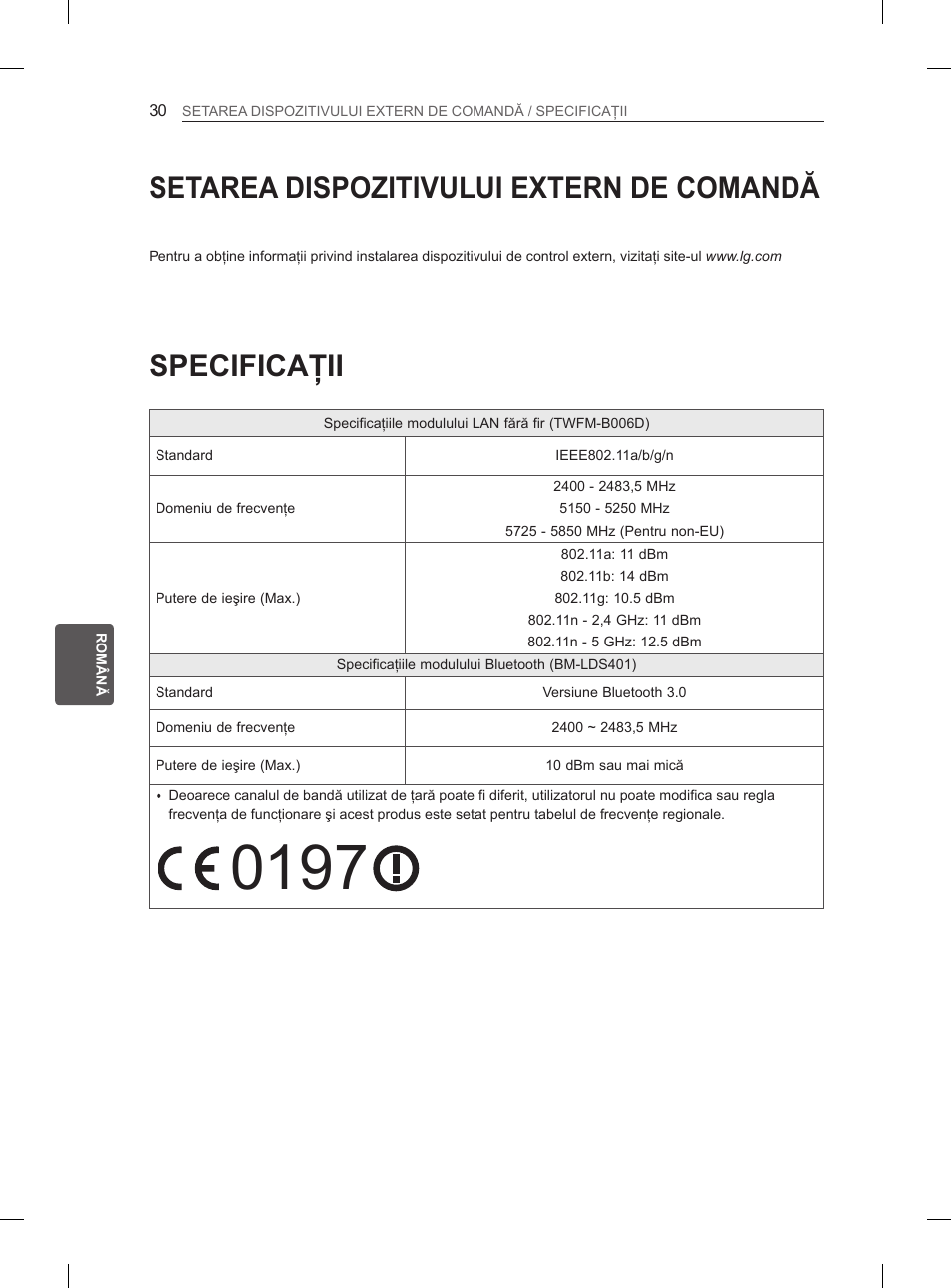 Specificaţii, Setarea dispozitivului extern de comandă | LG 65LA970V User Manual | Page 249 / 559