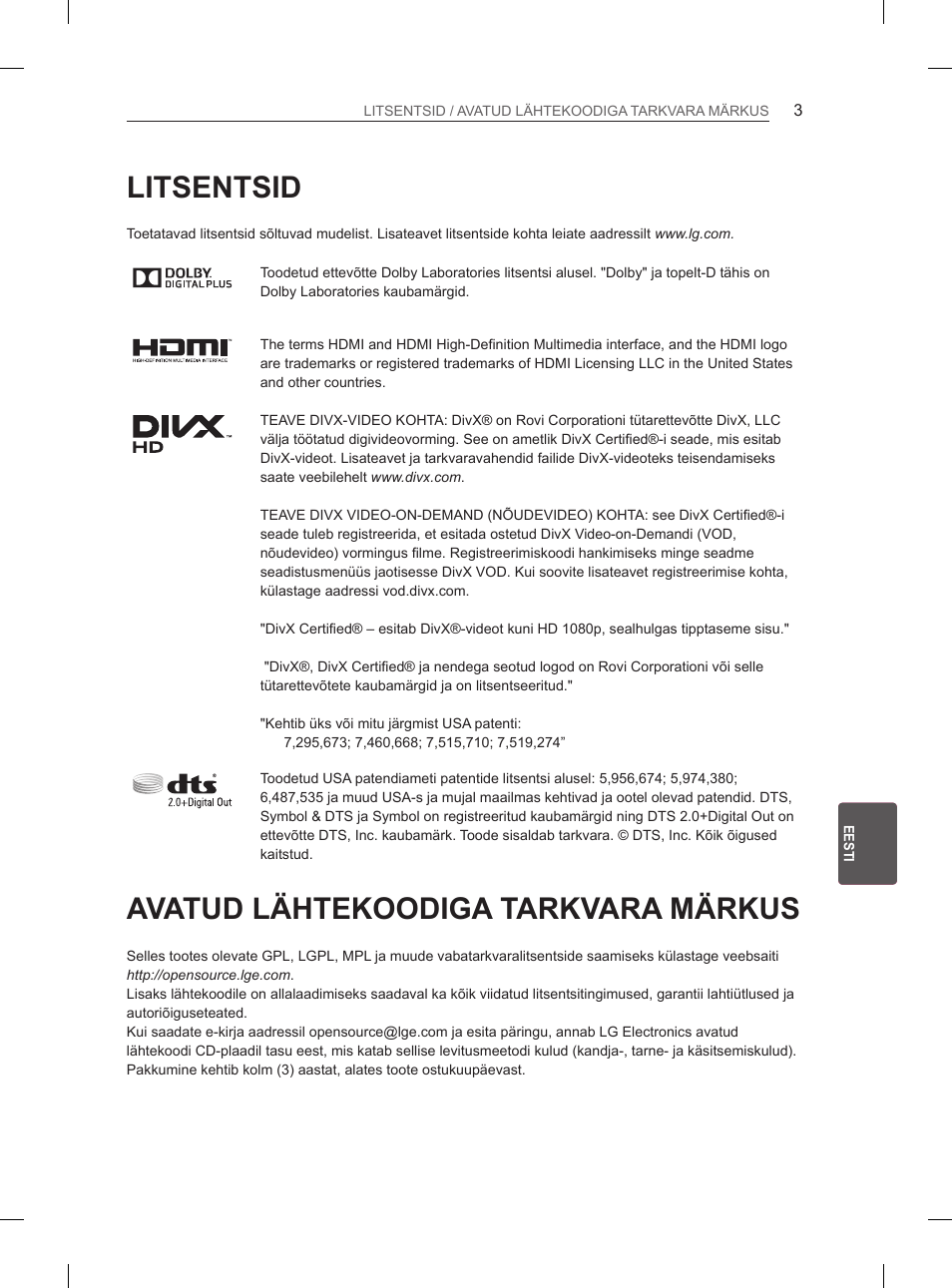 Litsentsid, Avatud lähtekoodiga tarkvara märkus, Avatud lähtekoodiga | Tarkvara märkus | LG 65LA970V User Manual | Page 282 / 559