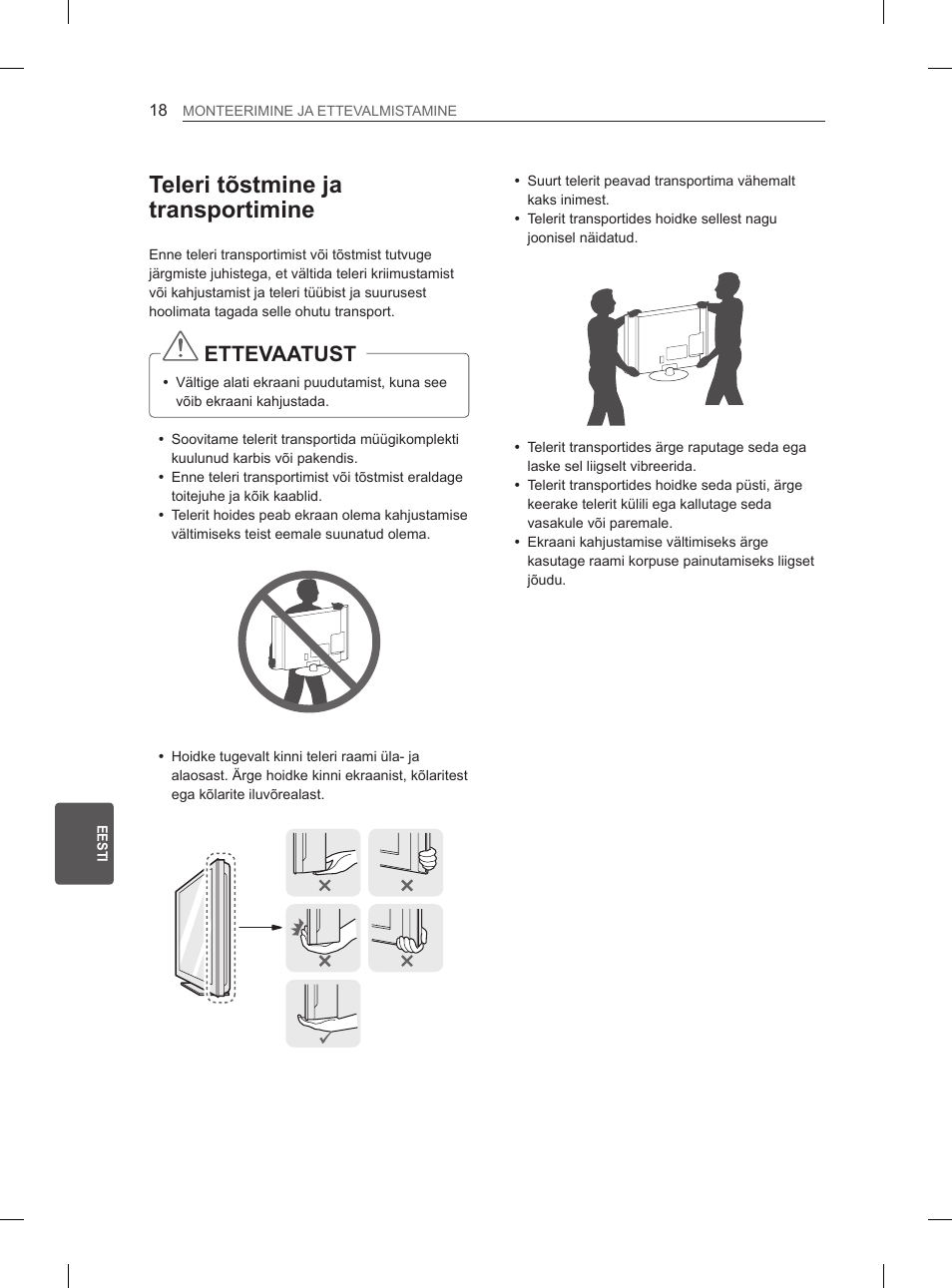 Teleri tõstmine ja transportimine, Ettevaatust | LG 65LA970V User Manual | Page 297 / 559