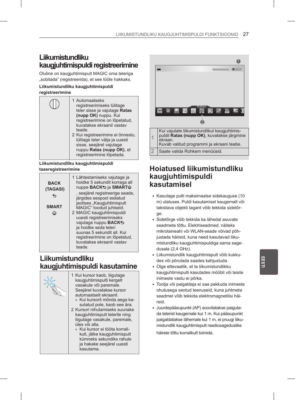 Liikumistundliku kaugjuhtimispuldi registreerimine, Liikumistundliku kaugjuhtimispuldi kasutamine, Liikumistundliku kaugjuhtimispuldi | Registreerimine, Hoiatused liikumistundliku kaugjuhtimispuldi, Kasutamisel | LG 65LA970V User Manual | Page 306 / 559