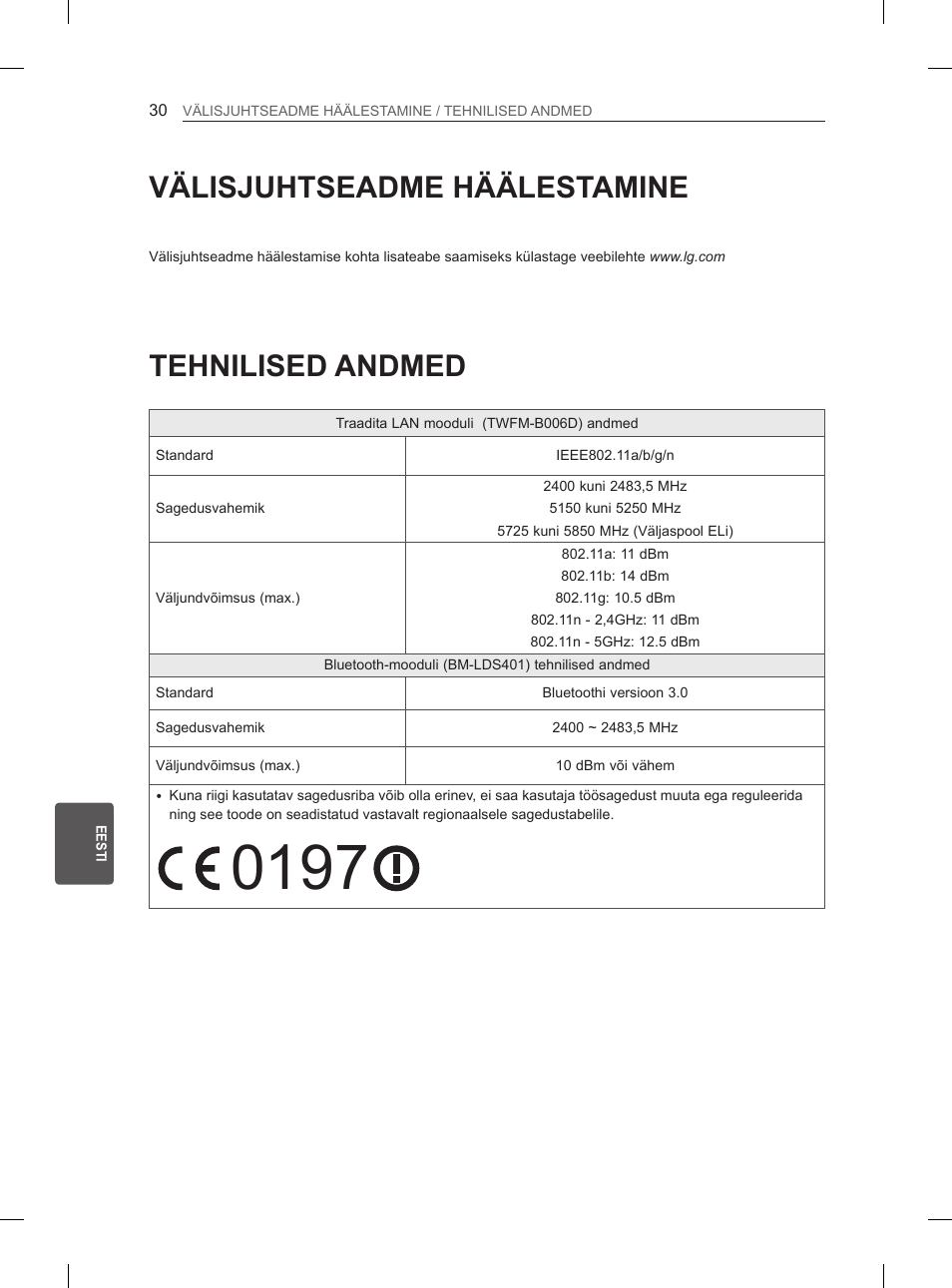 30 välisjuhtseadme häälestamine, 30 tehnilised andmed, Tehnilised andmed | Välisjuhtseadme häälestamine | LG 65LA970V User Manual | Page 309 / 559
