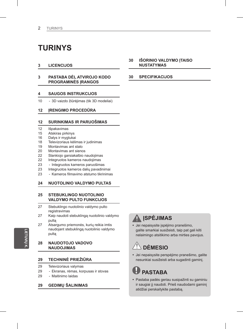 Turinys, Įspėjimas, Dėmesio | Pastaba | LG 65LA970V User Manual | Page 311 / 559