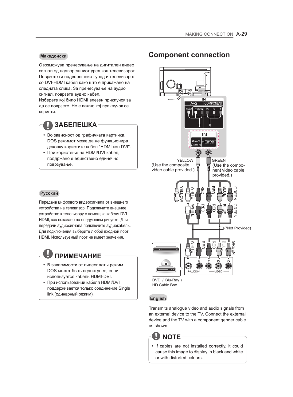 Component connection, Забелешка, Примечание | LG 65LA970V User Manual | Page 32 / 559