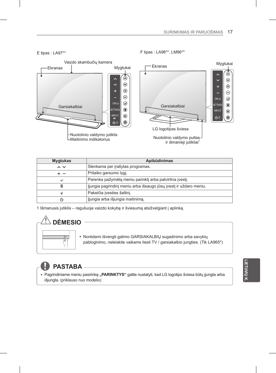 Dėmesio, Pastaba | LG 65LA970V User Manual | Page 326 / 559