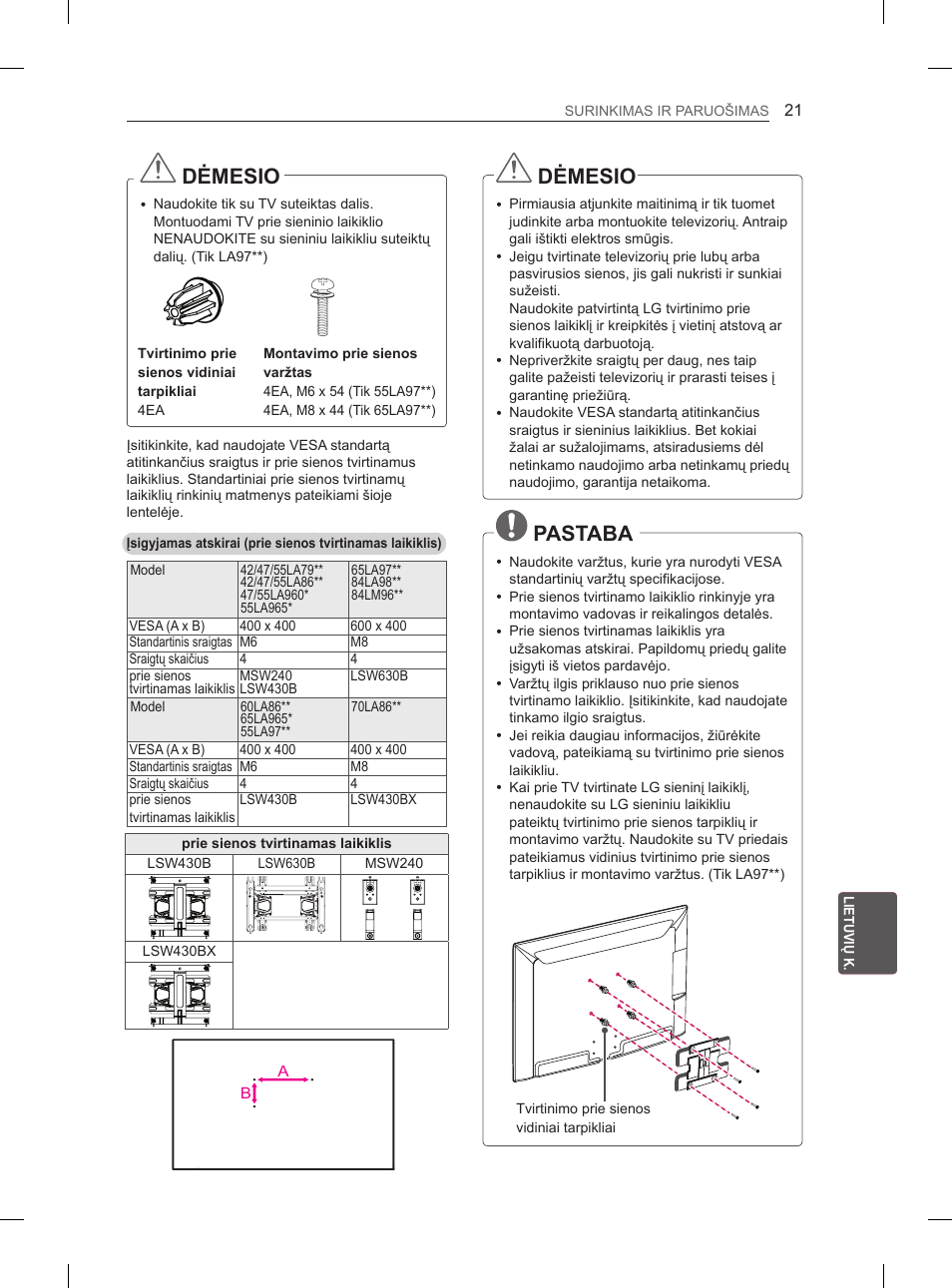 Dėmesio, Pastaba | LG 65LA970V User Manual | Page 330 / 559