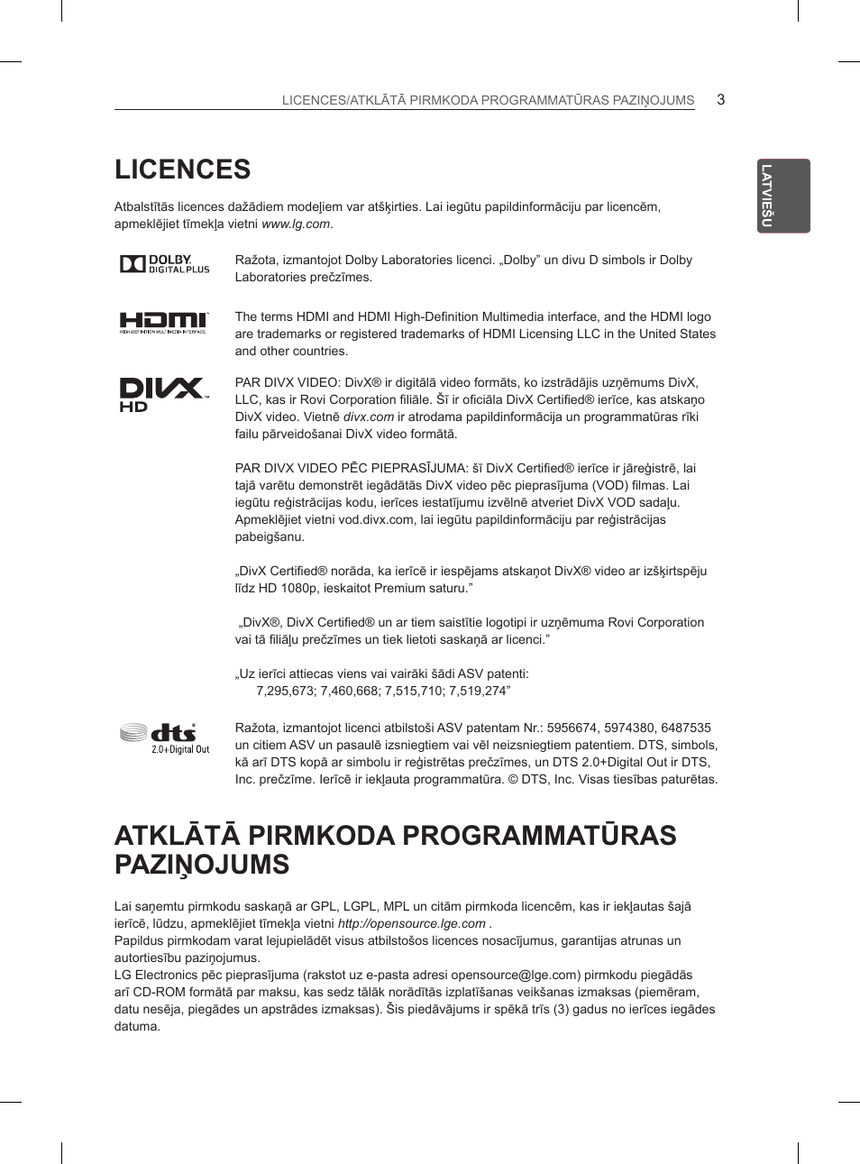 Licences, Atklātā pirmkoda programmatūras paziņojums, Atklātā pirmkoda | Programmatūras paziņojums | LG 65LA970V User Manual | Page 342 / 559