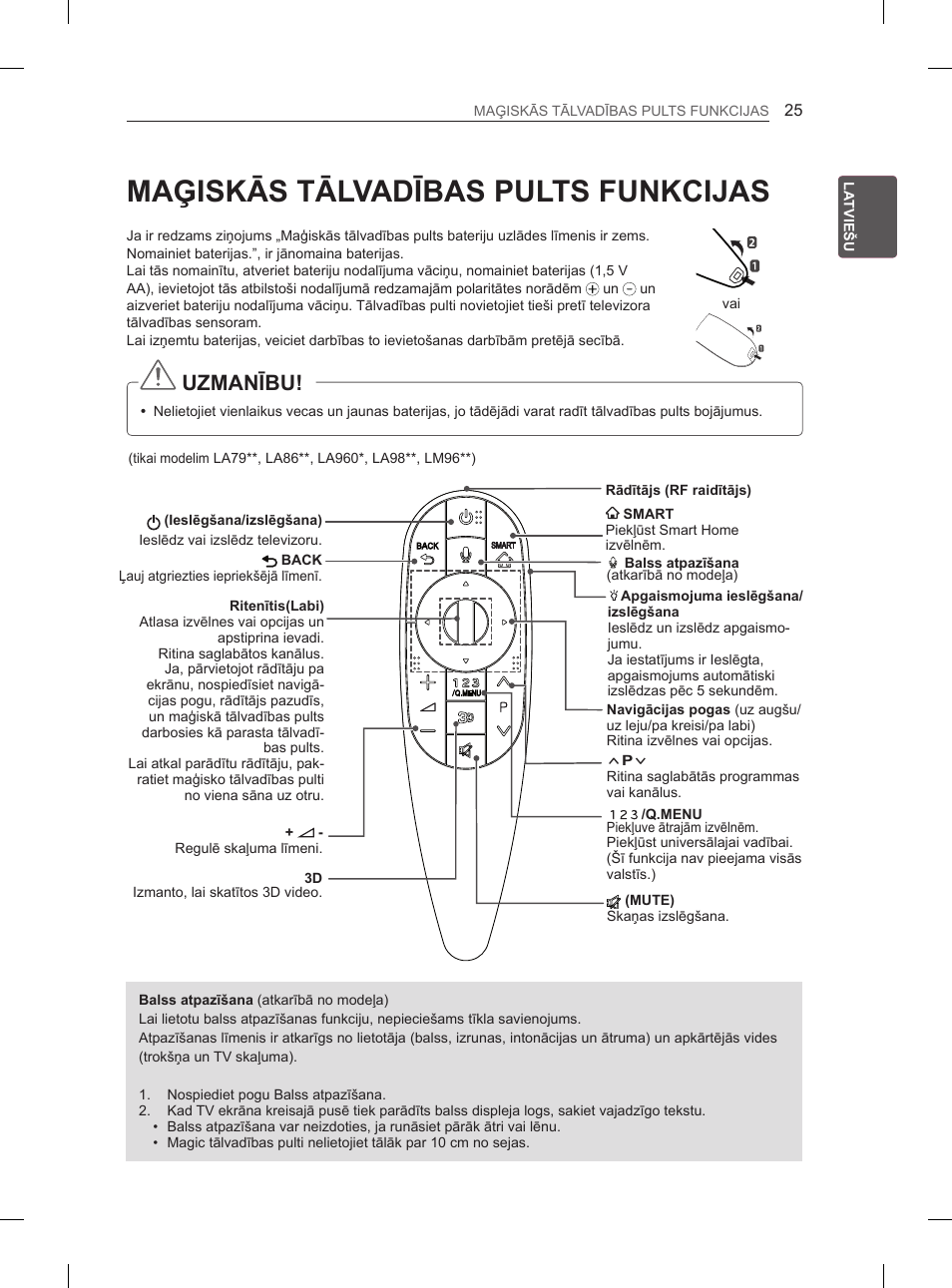 Maģiskās tālvadības pults funkcijas, 24 tāl, 25 maģiskās tālvadības pults | Funkcijas, Uzmanību | LG 65LA970V User Manual | Page 364 / 559
