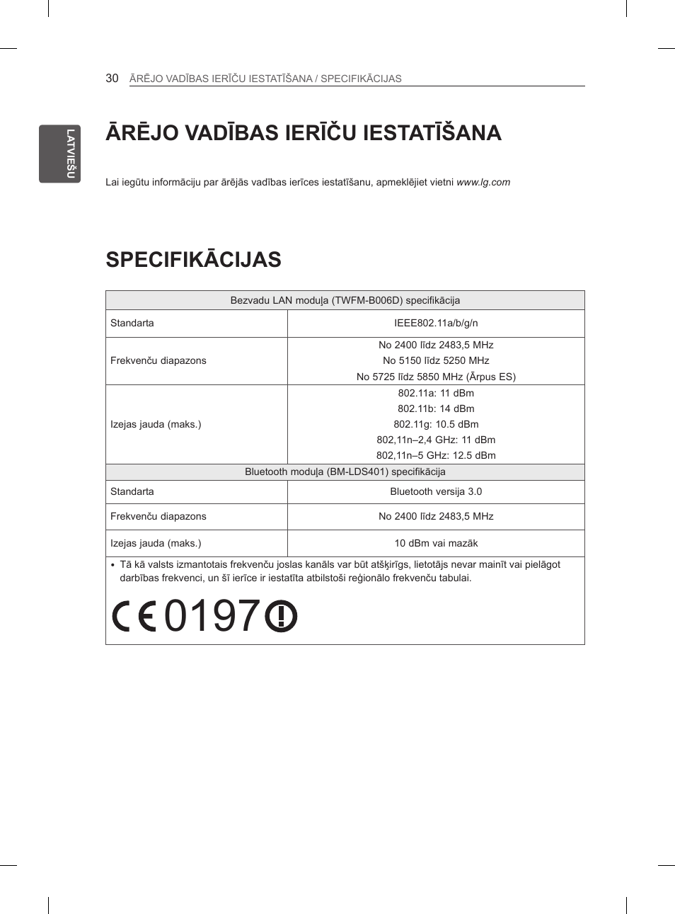 30 ārējo vadības ierīču, Iestatīšana, 30 specifikācijas | Specifikācijas, Ārējo vadības ierīču iestatīšana | LG 65LA970V User Manual | Page 369 / 559