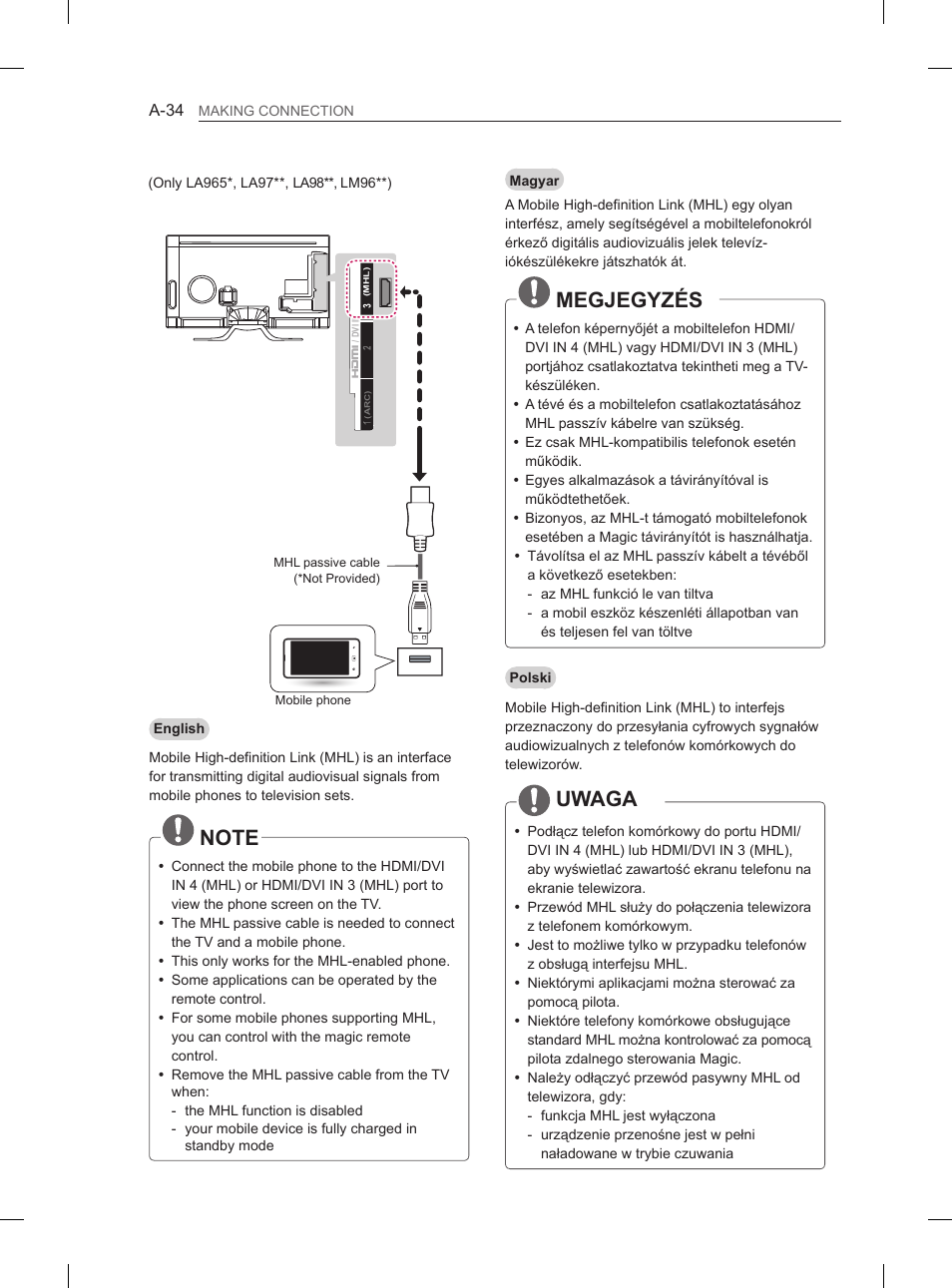 Megjegyzés, Uwaga | LG 65LA970V User Manual | Page 37 / 559