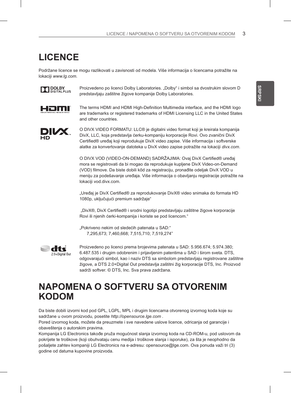 Licence, Napomena o softveru sa otvorenim kodom, Napomena o softveru sa | Otvorenim kodom | LG 65LA970V User Manual | Page 372 / 559