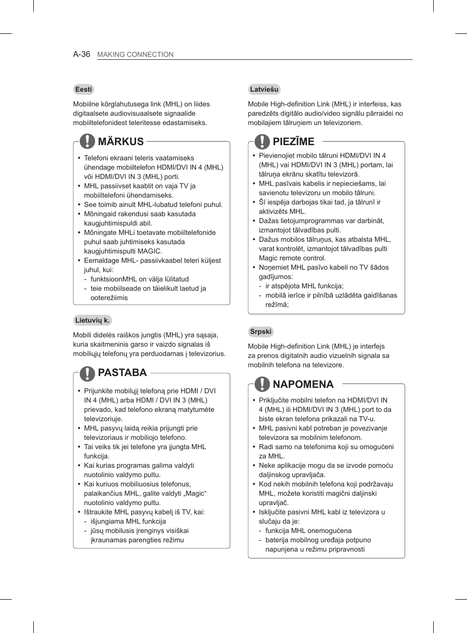 Märkus, Pastaba, Piezīme | Napomena | LG 65LA970V User Manual | Page 39 / 559