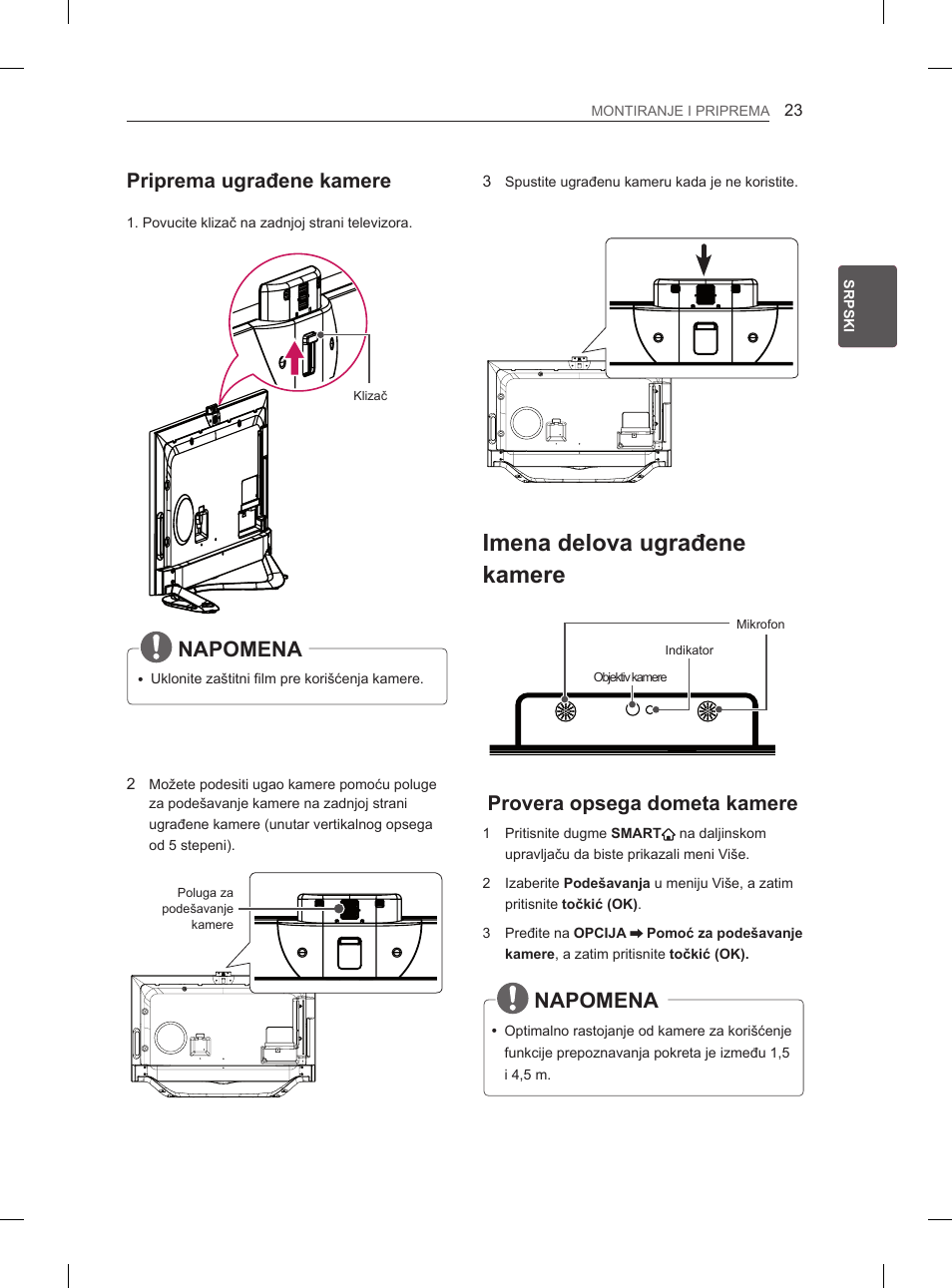 Imena delova ugrađene kamere, Napomena, Priprema ugrađene kamere | Provera opsega dometa kamere | LG 65LA970V User Manual | Page 392 / 559