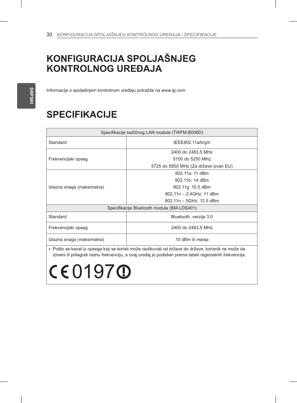 Konfiguracija spoljašnjeg kontrolnog uređaja, Specifikacije, 30 konfiguracija spoljašnjeg | Kontrolnog uređaja, 30 specifikacije | LG 65LA970V User Manual | Page 399 / 559