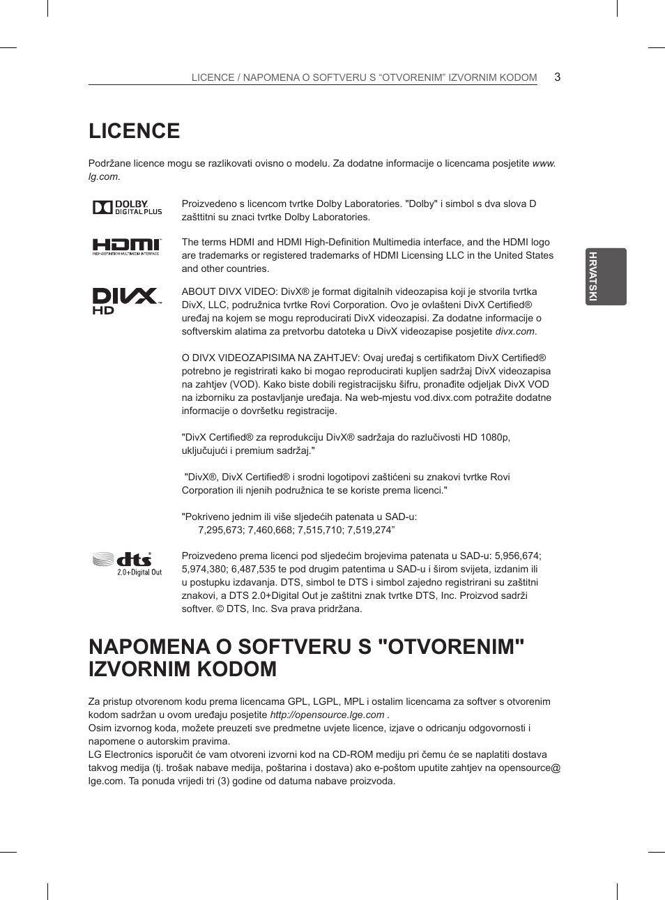 Licence, Napomena o softveru s "otvorenim" izvornim kodom, Napomena o softveru s | Otvorenim" izvornim kodom | LG 65LA970V User Manual | Page 402 / 559