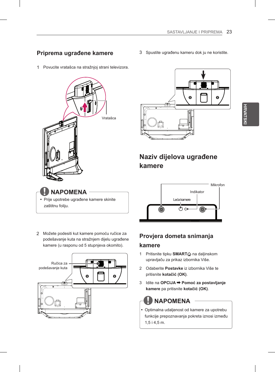 Naziv dijelova ugrađene kamere, Napomena, Priprema ugrađene kamere | Provjera dometa snimanja kamere | LG 65LA970V User Manual | Page 422 / 559