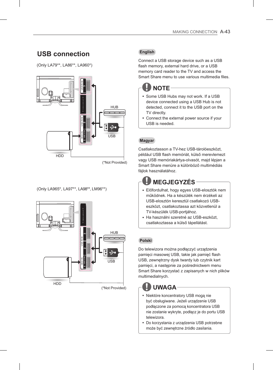 Usb connection, Megjegyzés, Uwaga | A-43 | LG 65LA970V User Manual | Page 46 / 559