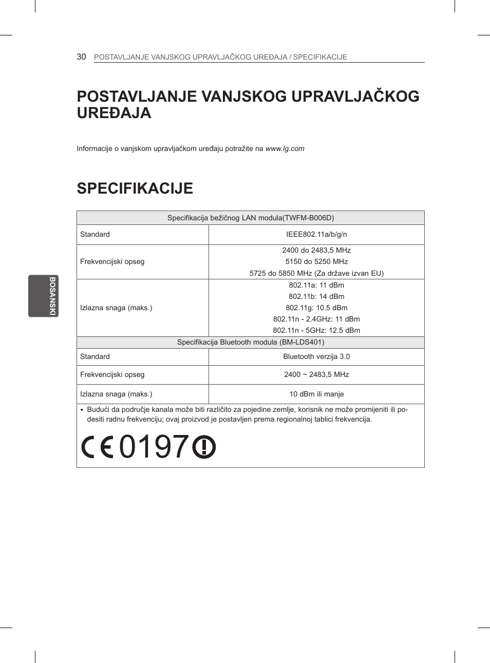 30 postavljanje vanjskog, Upravljačkog uređaja, 30 specifikacije | Specifikacije, Postavljanje vanjskog upravljačkog uređaja | LG 65LA970V User Manual | Page 489 / 559