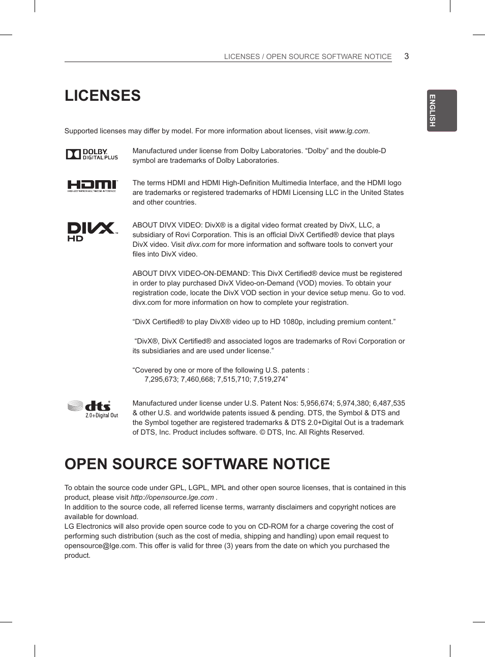 Licenses, Open source software notice | LG 65LA970V User Manual | Page 72 / 559