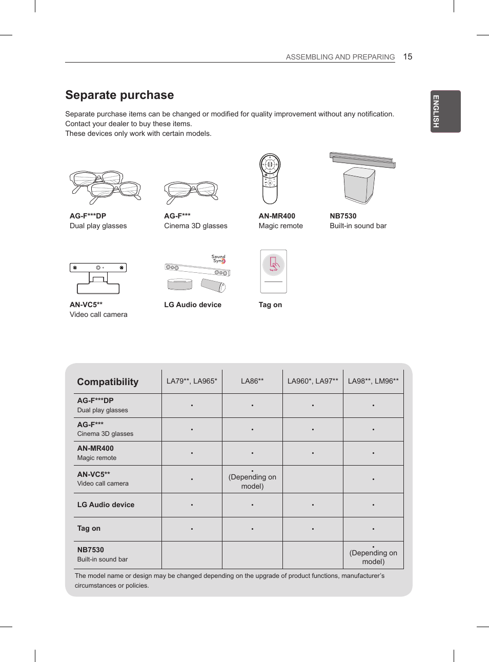 Separate purchase, Compatibility | LG 65LA970V User Manual | Page 84 / 559