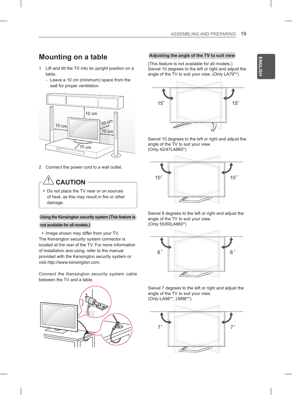 Mounting on a table, Caution | LG 65LA970V User Manual | Page 88 / 559