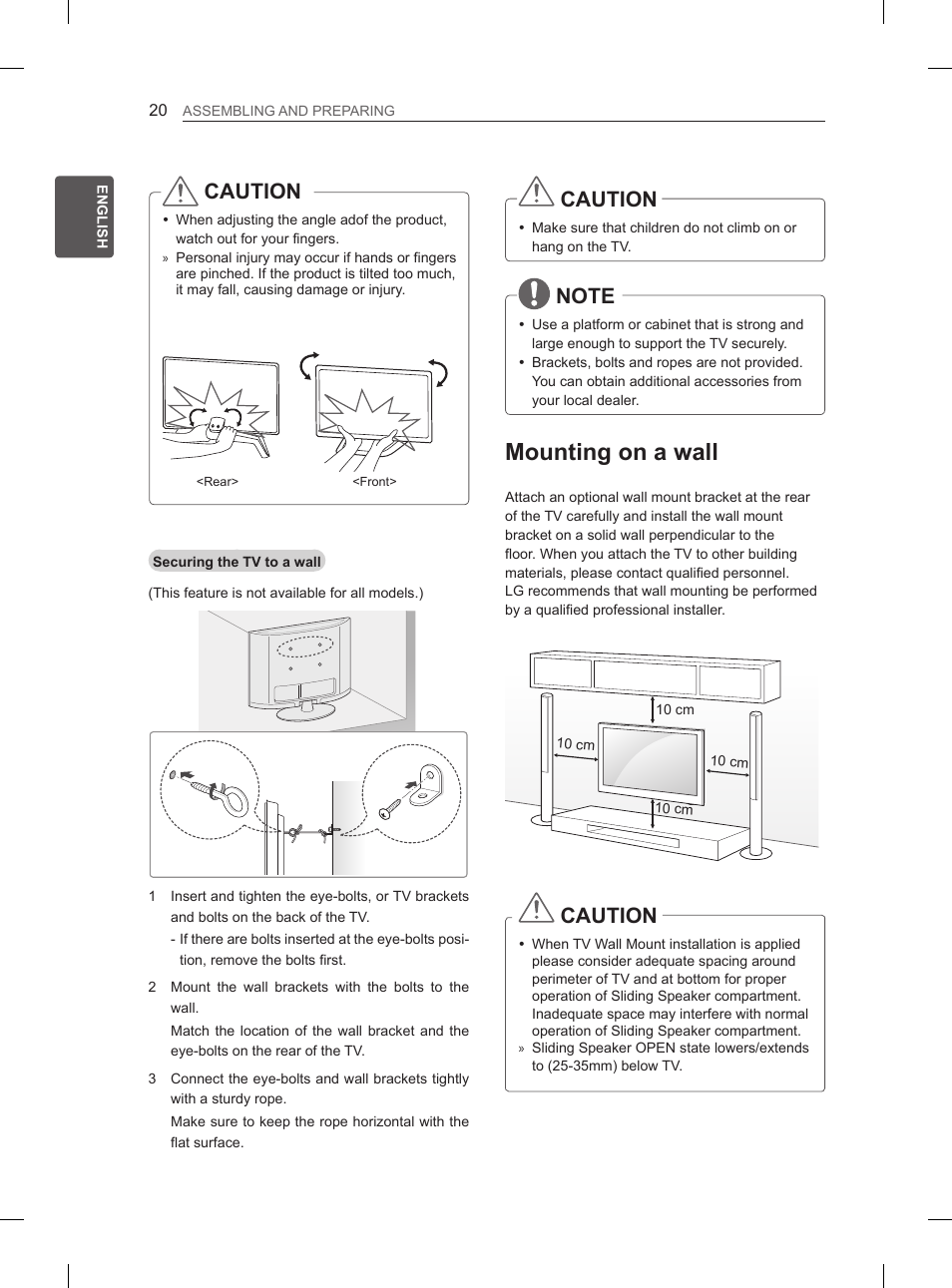 Mounting on a wall, Caution | LG 65LA970V User Manual | Page 89 / 559