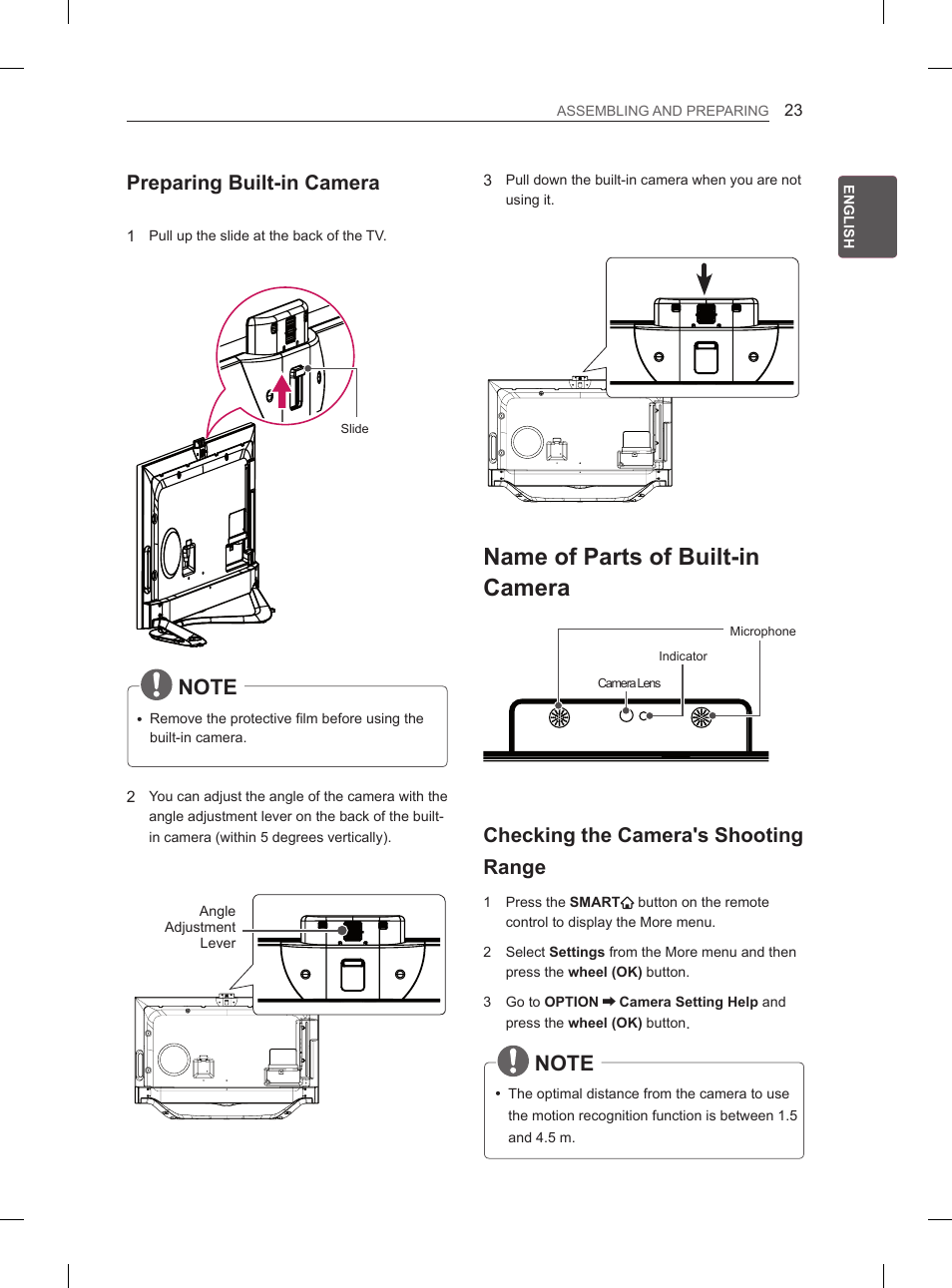 Name of parts of built-in camera, Preparing built-in camera, Checking the camera's shooting range | LG 65LA970V User Manual | Page 92 / 559