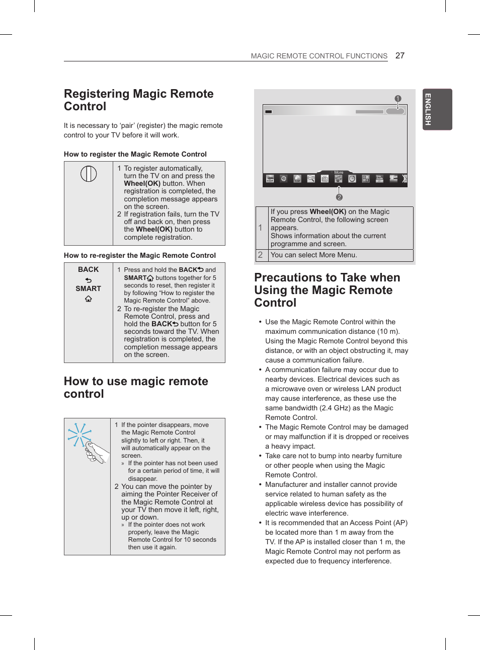 Registering magic remote control, How to use magic remote control, Precautions to take when using the magic | Remote control | LG 65LA970V User Manual | Page 96 / 559