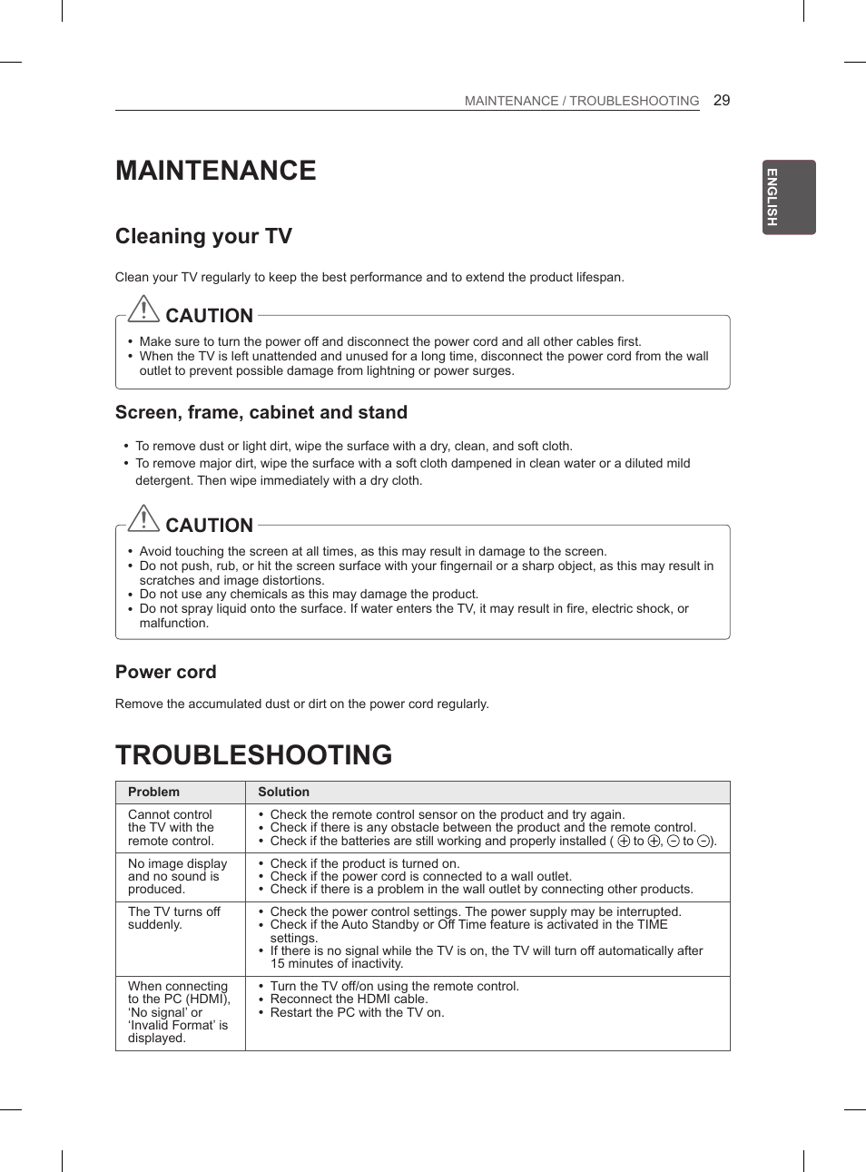 Maintenance, Cleaning your tv, Screen, frame, cabinet and stand | Power cord, Troubleshooting, Caution | LG 65LA970V User Manual | Page 98 / 559