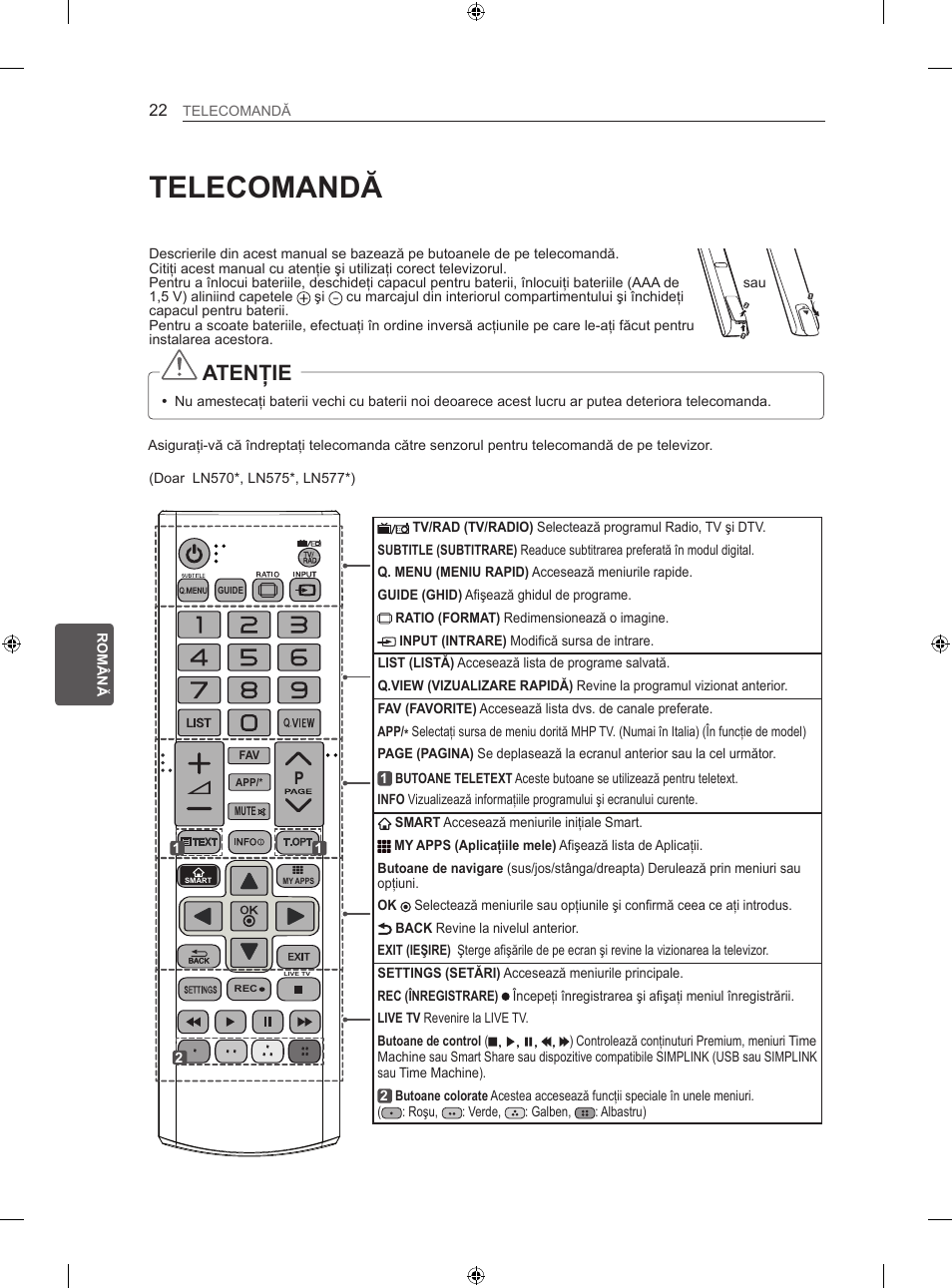 Telecomandă, Atenţie | LG 39LN575S User Manual | Page 181 / 555